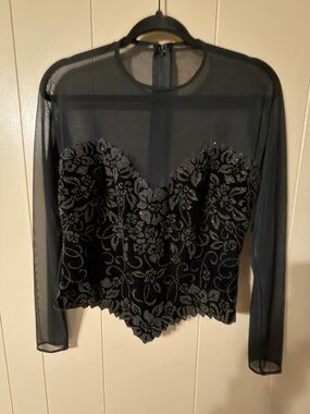 Tadashi Shoji Black Sheer Mesh Long-Sleeve Embroidered Bodice Top